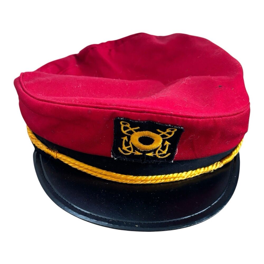 VTG Sailor Captain Hat Red Yacht Boat Nautical Snapback Costume Cap Sz S 55cm
